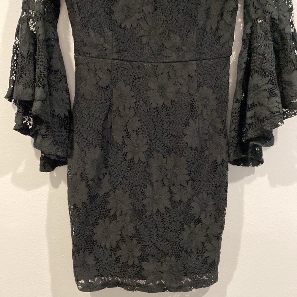 Lulus Black Full Lace Dress with Bell Bottom Sleeves - V Shaped Back -Size Small - Picture 3 of 8